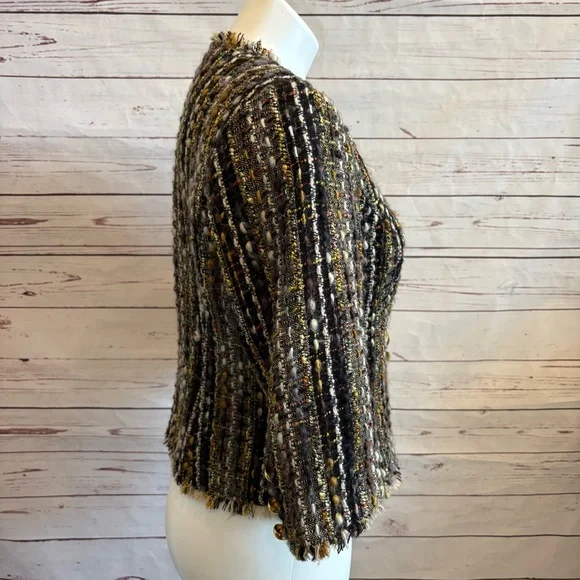 CABi 175 Paris Tweed Cropped Blazer Jacket Size Small Black Gold Button Fringe - Picture 5 of 12